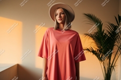 Woman wearing coral t shirt and hat image Product Image 1