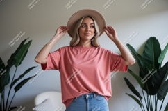 Woman wearing pink t shirt and hat image Product Image 1