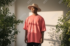 Man wearing coral t shirt and hat image Product Image 1