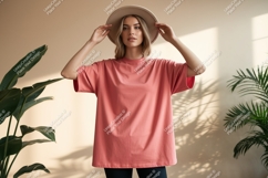 Woman wearing coral t shirt and hat image Product Image 1