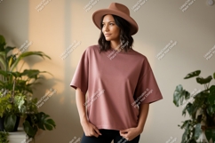 Woman wearing oversized shirt and hat fashion Product Image 1