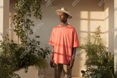 Man wearing coral t shirt and hat image Product Image 1