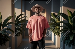 Man wearing salmon t shirt and hat image Product Image 1
