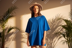 Woman wearing blue t shirt and hat image Product Image 1