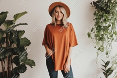 Woman wearing terracotta t shirt and hat image Product Image 1