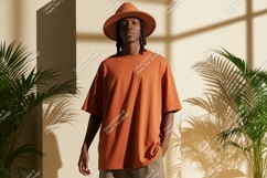 Man wearing terracotta t shirt and hat image Product Image 1