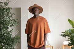 Man wearing terracotta t shirt and brown hat image Product Image 1
