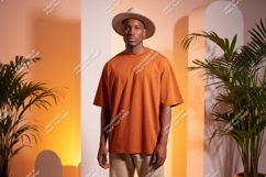 Man wearing orange t shirt and hat image Product Image 1
