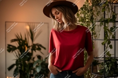 Woman wearing red t shirt and hat image Product Image 1