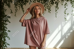 Woman wearing oversized pink t shirt and hat image Product Image 1