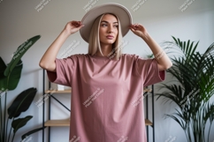 Woman wearing pink t-shirt and hat blonde Product Image 1