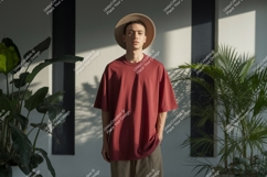 Man wearing maroon t shirt and hat image Product Image 1