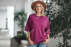 Woman wearing red t shirt and hat t-shirt plants Product Image 1