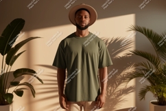 Man wearing olive green t shirt and hat image Product Image 1