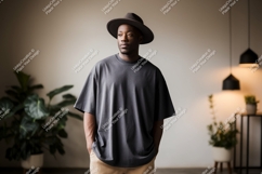 Man wearing dark grey t shirt and hat image Product Image 1