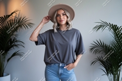 Woman wearing grey t shirt and hat image Product Image 1