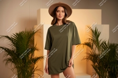 Woman wearing olive green t shirt and hat image Product Image 1