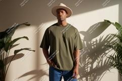 Man wearing olive green t shirt and hat image Product Image 1