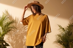 Woman wearing oversized mustard t-shirt and hat fashion Product Image 1