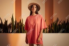 Woman wearing coral t shirt and hat image Product Image 1