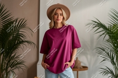 Woman wearing magenta t shirt and hat image Product Image 1