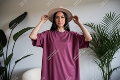 Woman wearing plum t shirt and hat image Product Image 1