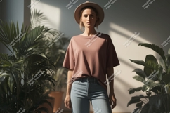 Woman wearing dusty rose t shirt and light blue jeans Product Image 1