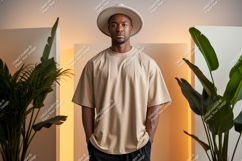 Man wearing tan t shirt and hat image Product Image 1