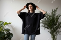 Woman wearing black t shirt and hat image Product Image 1