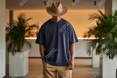 Man wearing blue t shirt and tan hat image Product Image 1