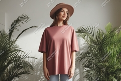 Woman wearing beige t-shirt and hat plants Product Image 1