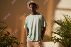 Man wearing light green t-shirt and hat image Product Image 1
