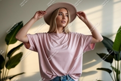 Woman wearing pink t-shirt and hat blonde Product Image 1