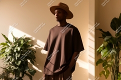 Man wearing brown t shirt and hat image Product Image 1