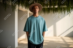 Man wearing teal t shirt and hat image Product Image 1