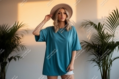 Woman wearing teal t shirt and hat image Product Image 1