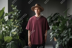Man wearing maroon t shirt and hat image Product Image 1