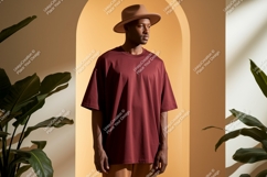 Man wearing maroon t shirt and tan hat image Product Image 1
