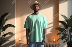Man wearing mint green t-shirt and hat Product Image 1