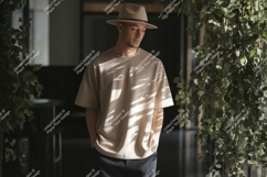 Man wearing neutral t shirt and hat t-shirt clothing Product Image 1