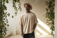 Man wearing beige t shirt and hat image Product Image 1