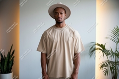 Man wearing beige t shirt and hat image Product Image 1