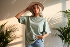 Woman wearing light green t shirt and hat t-shirt blue Product Image 1