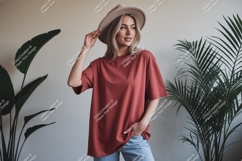 Woman wearing terracotta t shirt and hat Product Image 1