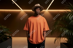 Man wearing orange t shirt and hat image Product Image 1