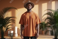 Woman wearing blue t-shirt and hat plants Product Image 1