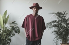 Man wearing maroon t shirt and hat image Product Image 1