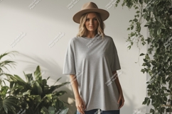 Woman wearing grey t-shirt and hat fashion Product Image 1