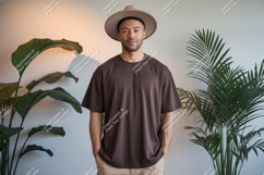 Man wearing brown t shirt and hat image Product Image 1