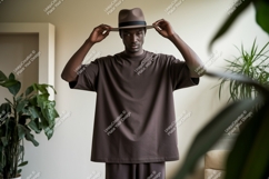 Man wearing brown t shirt and hat t-shirt fedora Product Image 1